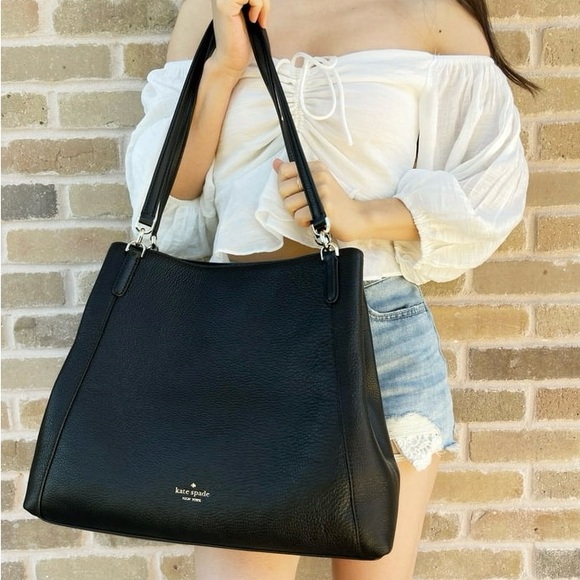 Kate Spade Large Triple Compartment Shoulder Bag Tote Pebble Black Leather - Picture 2 of 11